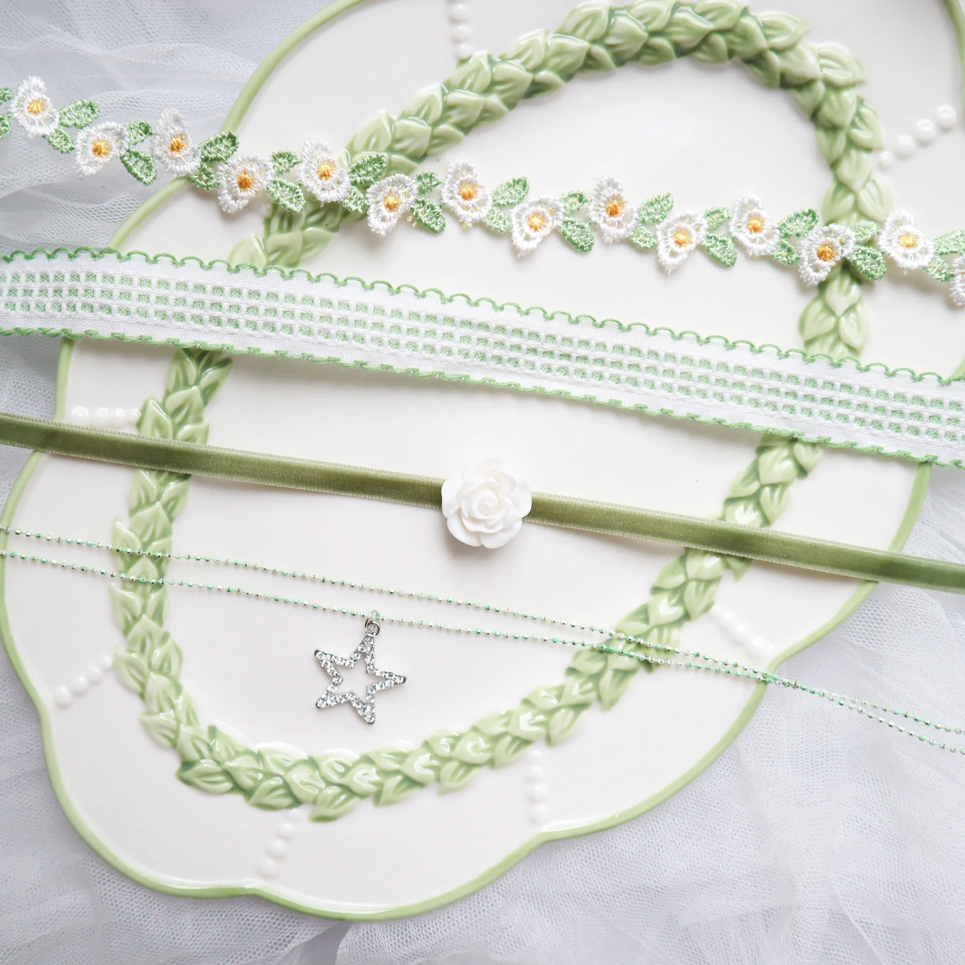 New Korea Fashion Cute Green Color Heart Lace Bowknot Choker Necklace For Y2K Lovely Girl Women Charm Wedding Birthday Jewelry