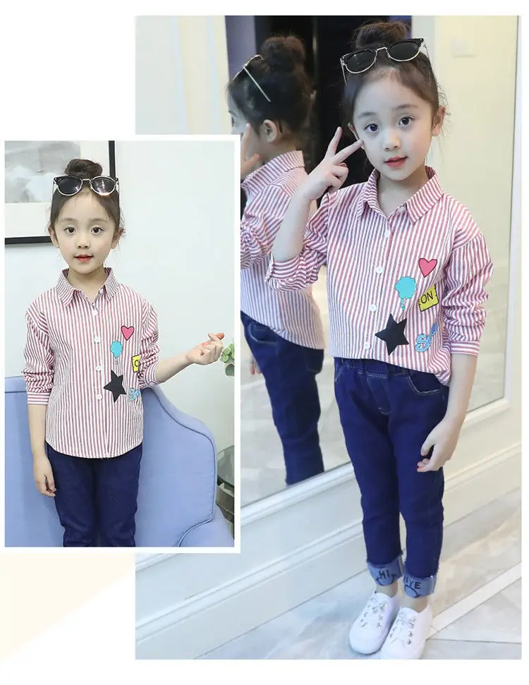 Girls\' Spring Shirt 2024 New Fashionable Children\'s Long sleeved Striped Shirt Spring and Autumn Little Girl Top