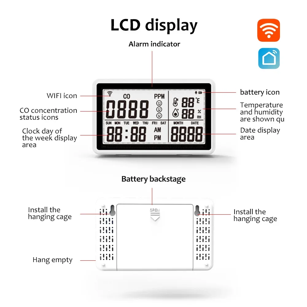 Tuya-Détecteur de monoxyde de carbone 3 en 1, testeur de température et d\'humidité, moniteur de qualité de l\'air domestique, hygrothermographe WiFi,