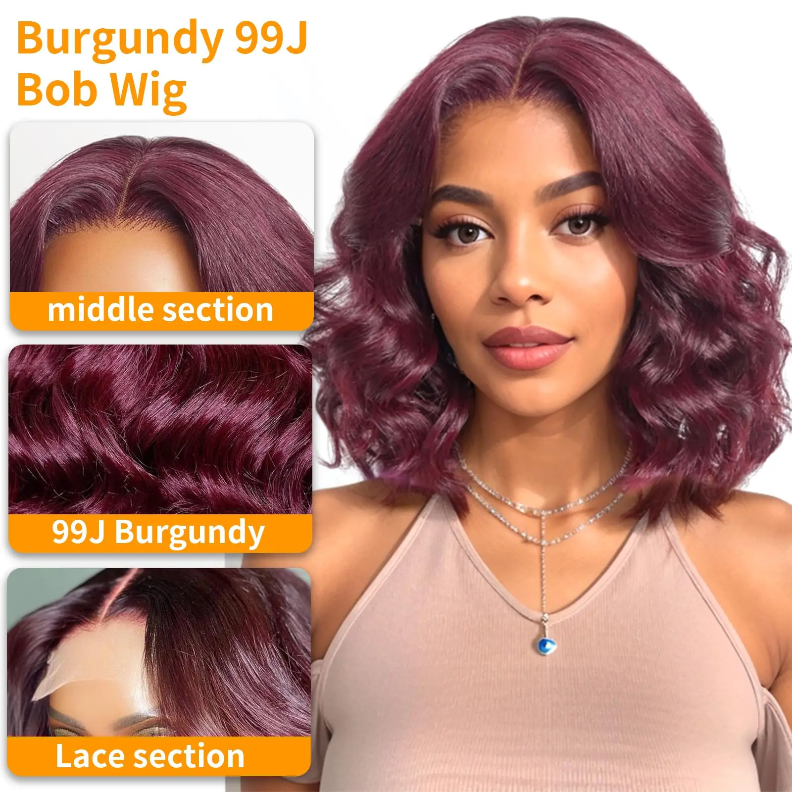 AZole Diary-Perruque Bob Courte, Cheveux Humains, Bordeaux Body Wave, 5x5 HD Lace Frmetals, Water Wave, Vin Rouge, Coloré, Densité 180, 99J