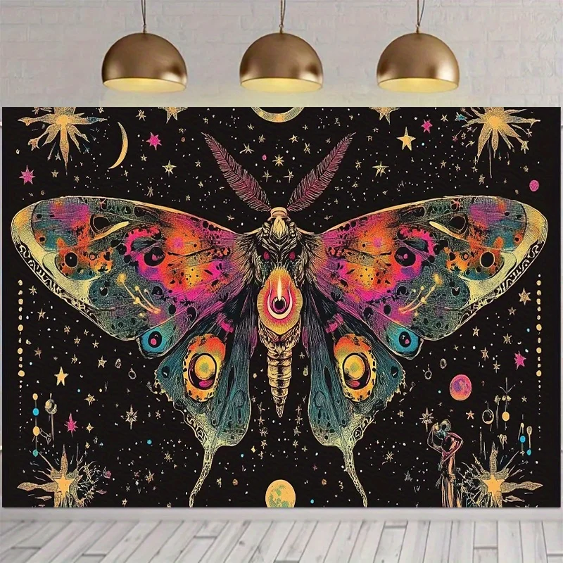 Colorful Cosmic Moth Wall Tapestry Psychedelic Space Art Decor for Bedroom Living Room Boho Mystical Night Sky Backdrop