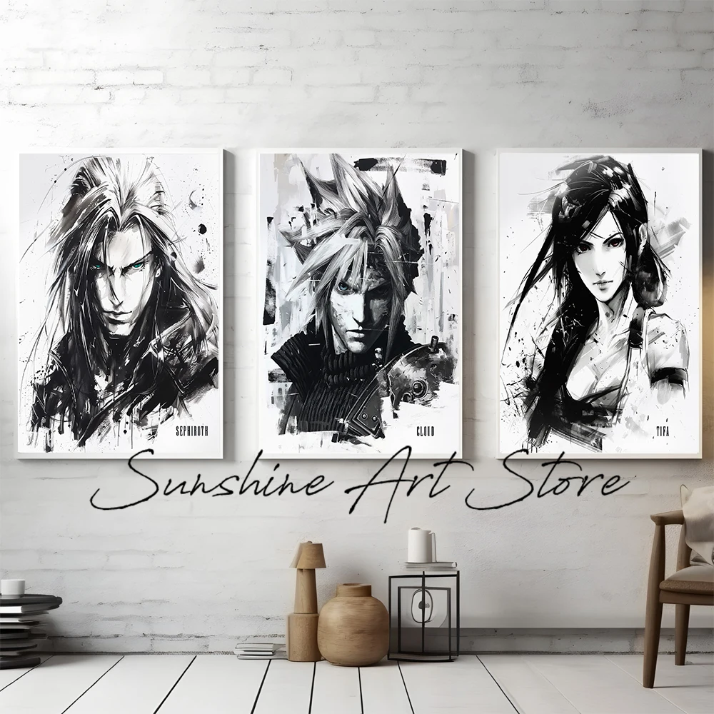 Final Fantasy VII Black and White Watercolors Art Poster Canvas Printing Final Fantasy VII Characters Art Decor Gaming Prints