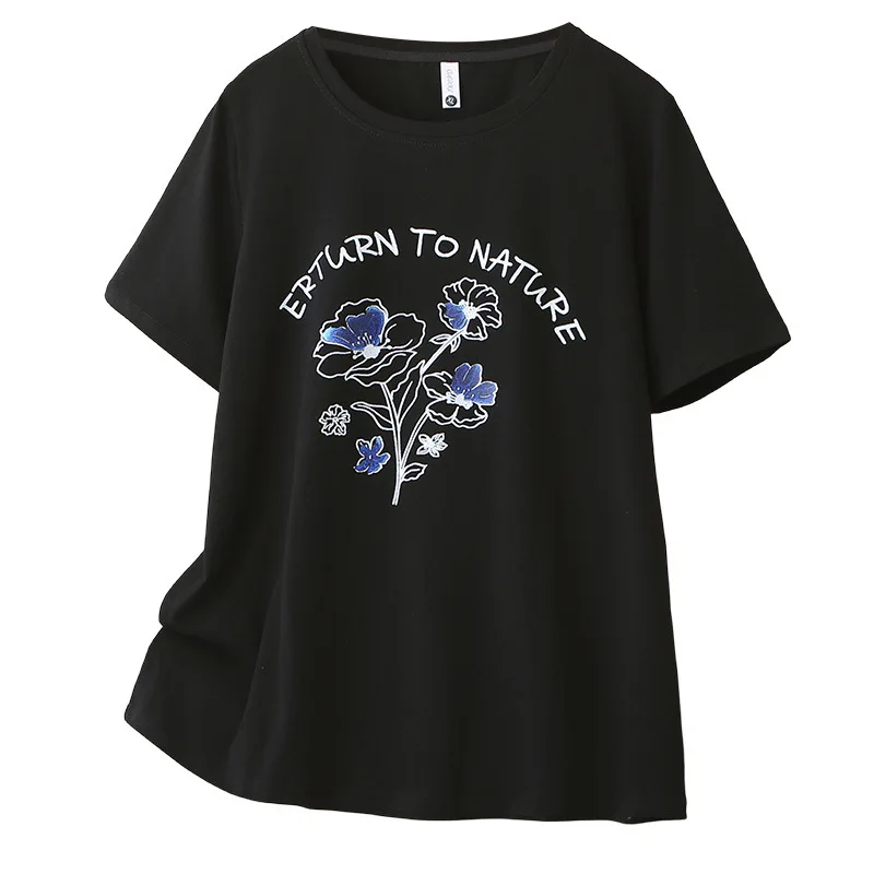 

2026 Summer New Plus Size Women's Mid-Length T-Shirt Flower Print Loose Short Sleeve Tops For Curvy Ladies 6288