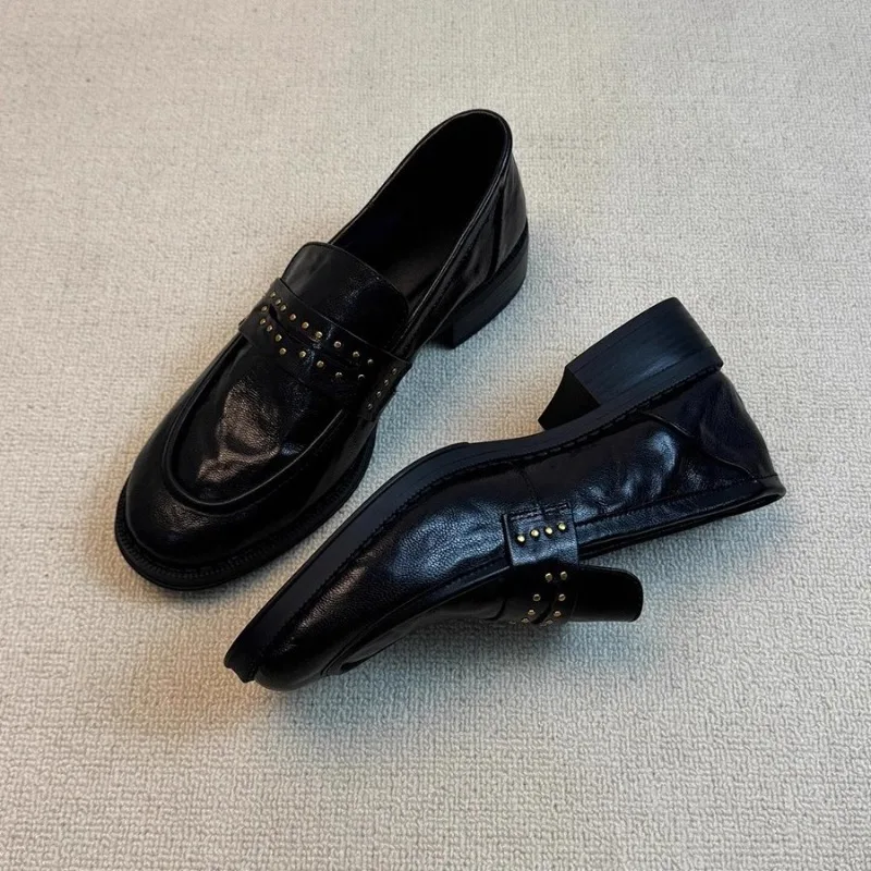 

Women Mary Jane Shoes Cowhide Loafers Shoes Women Retro British Round Toe Rivet Wrinkle Slip-on Wedge Black Leather Shoes