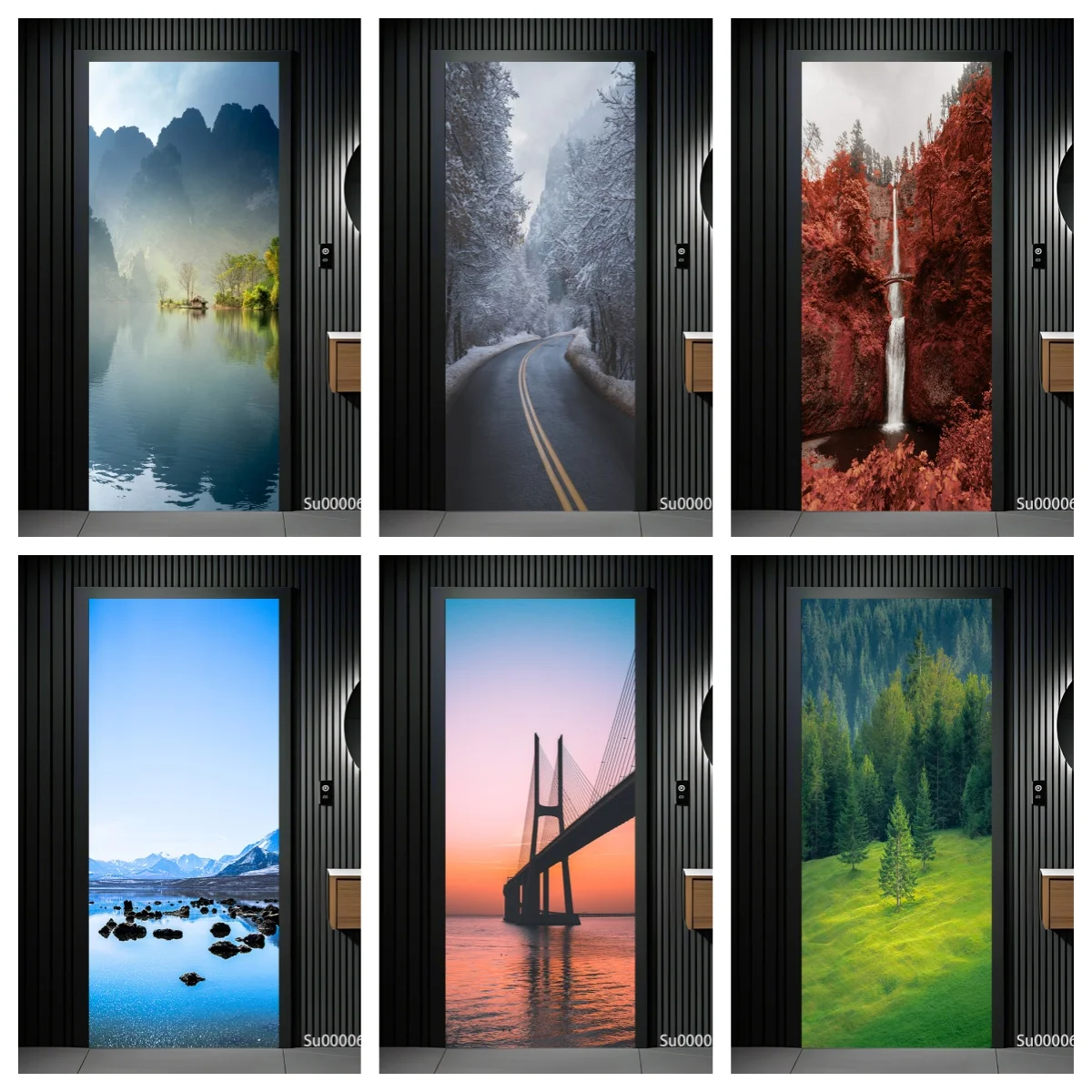 Nature Scenery Door Wrap Stickers, Self Adhesive PVC Waterproof Removable Mural, Mountain Lake Bridge Waterfall Home Decor