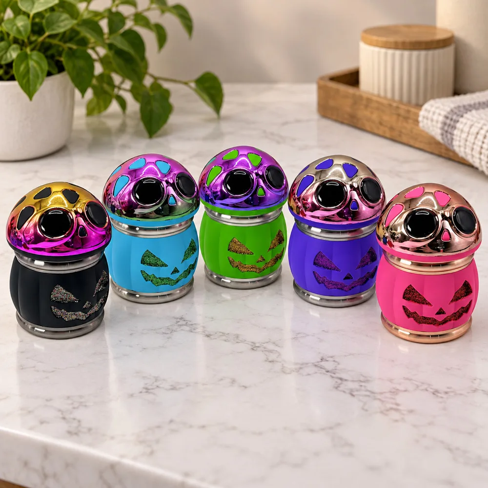 Metal Herb Grinder Mushroom Shape Sculpted Skull Cap Halloween Pumpkin Face Design Handheld Manual Spice Preparation Accessory