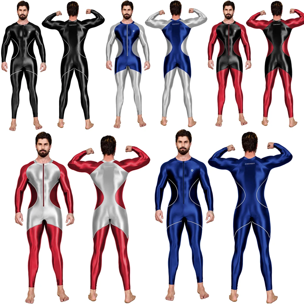 AMORESY Men Oil Satin Glitter Catsuits Full-Length Tracksuits Fitness Yoga Swimming Tights Long Sleeve Patchwork Zentai Bodysuit