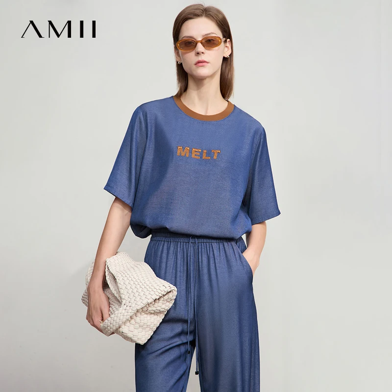 Amii Minimalist Women T-shirt Size 2026 Summer New Letter Embroidered TR Denim Loose Office Lady Slim Colorblocked Tops 12522017