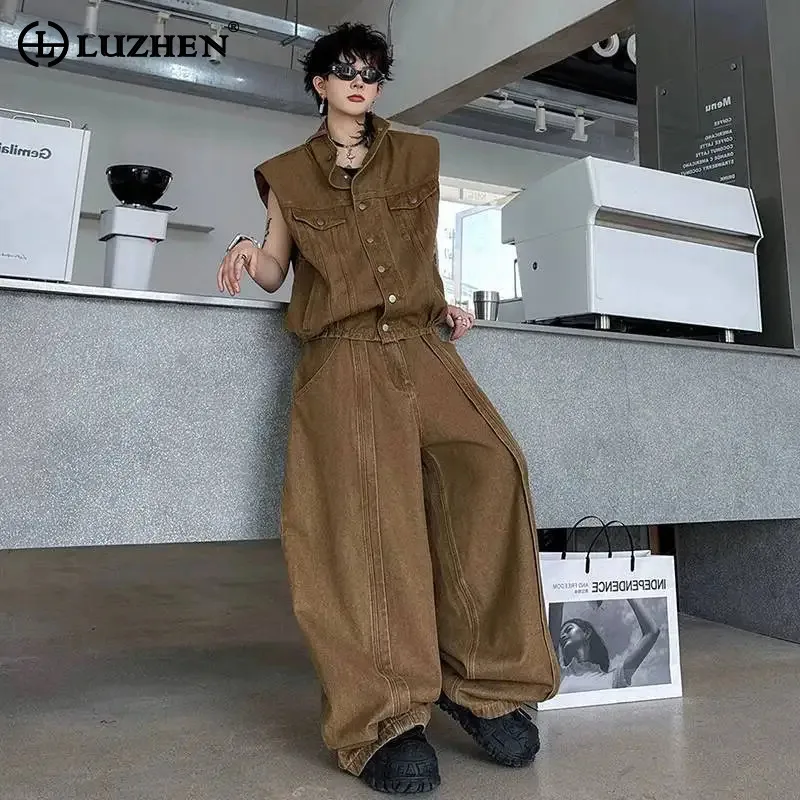 LUZHEN Denim 2026 Decorate Summer Solid Sleeveless Color Pockets Jacket Men's Fashion Baggy Wide Leg Jeans Two-piece Sets JY8816