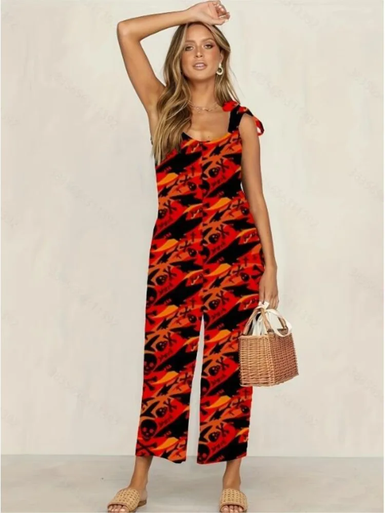 Summer Sleeveless Printed Jumpsuit Women Sexy V-neck Backless Bowknot Leace-up Wide Leg Jumpsuits Fashion One Pieces Clothing