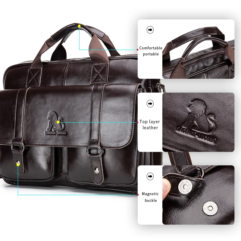 Genuine Leather Men's Briefcase with Double Front Pockets, Large Capacity Computer Bag, Diagonal Cross Handbag