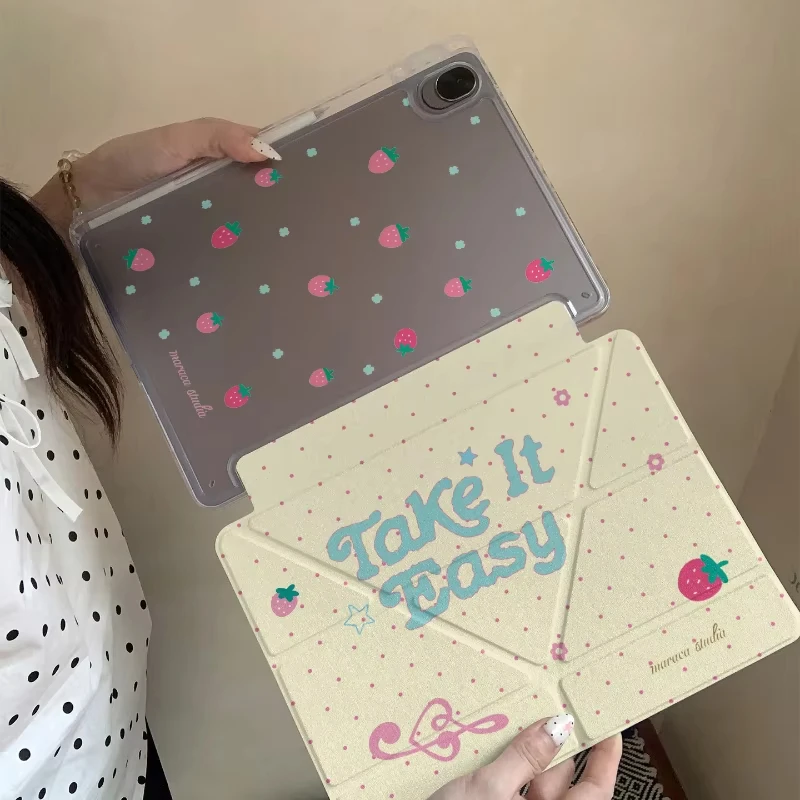 Cute Letter Strawberry Note Polka Dot Tablet Case For iPad Pro 11 12.9 13 A16 M2 M4 M3 M5 5/6/7/8/9/10/11th Mini Air 3 4 5 Cover