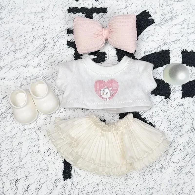 15/17cm 1세대~3세대 라부부 인형용 스윗 스타일 의상 세트 하트 모양 고양이 패턴이 있는 흰색 상의와 베이지색 주름 치마