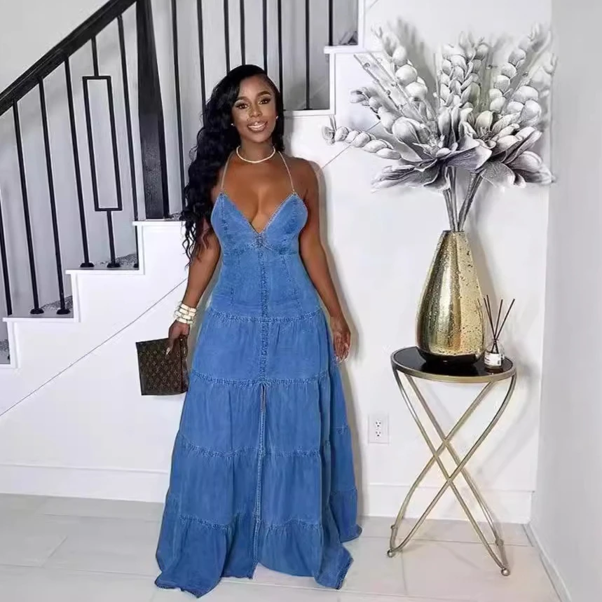 

Floor Length Dress Women Denim Cake Dresses A Line Sling Vestidos Streetwear Sleeveless Backless Elegant Y2k Maxi High Waist