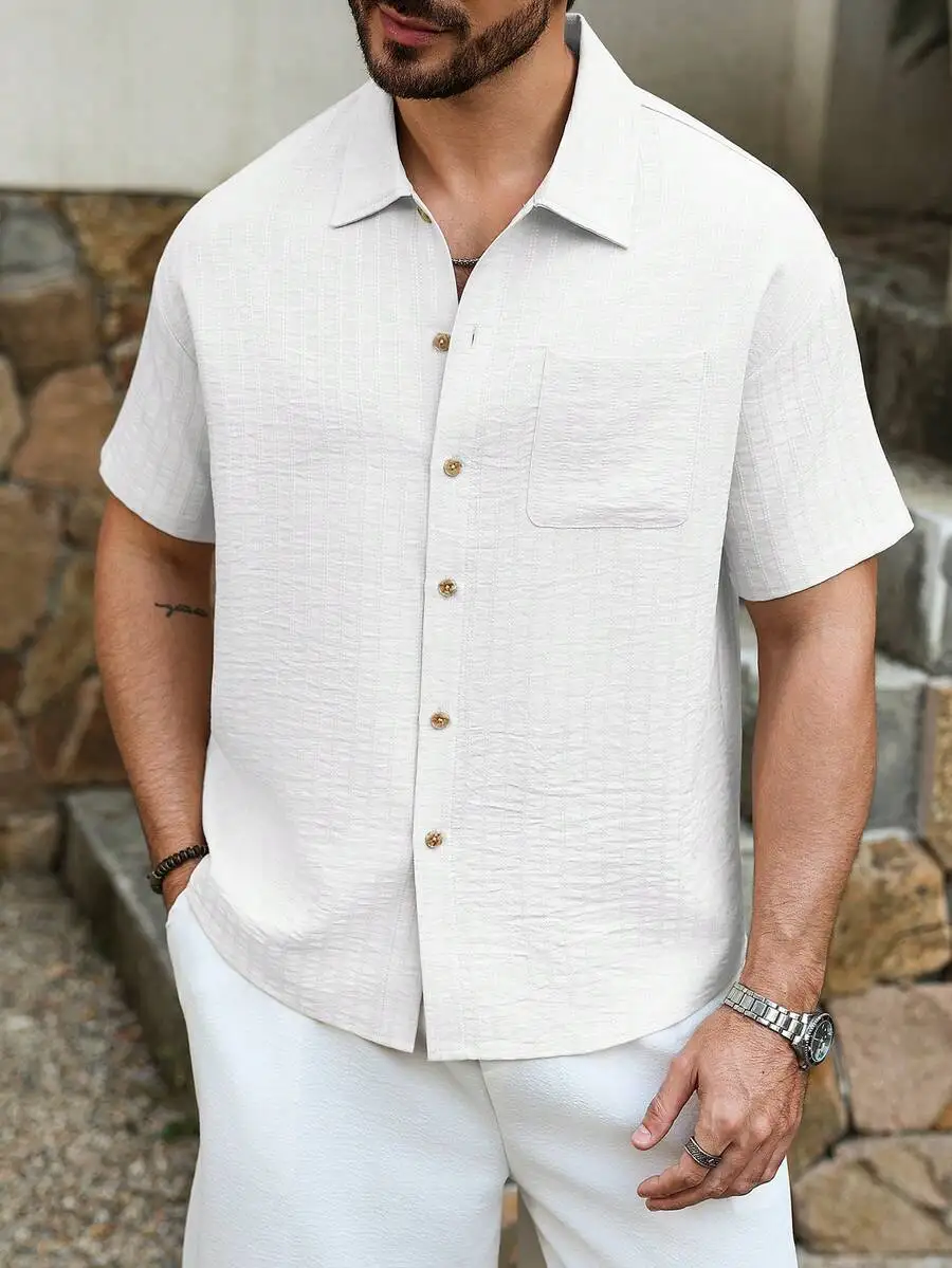 

Mens Casual Textured Short Sleeve Shirt With Pocket Holiday Wear