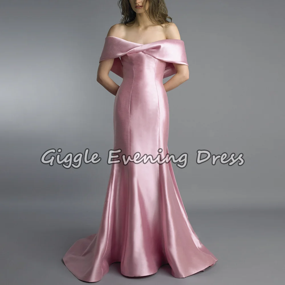 

Charming Long Pink Satin Off-Shoulder Prom Dresses Mermaid Cut Pleated Elegant Formal Evening Dress for Women Customized