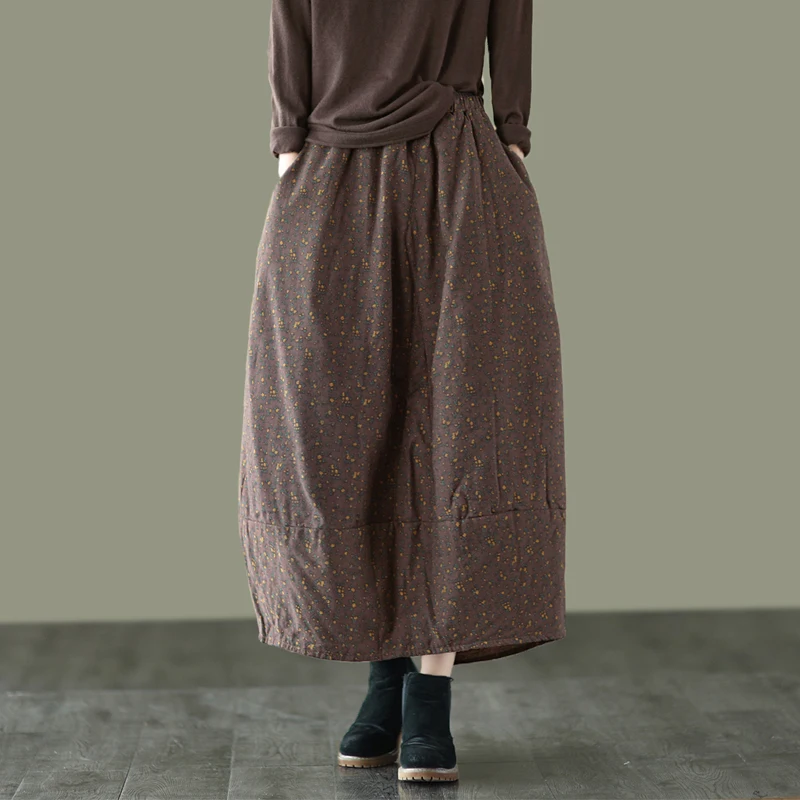 YZJNH 2025 autumn/winter floral cotton linen sandwich skirt with elastic waist and thick flower bud skirt cotton skirt