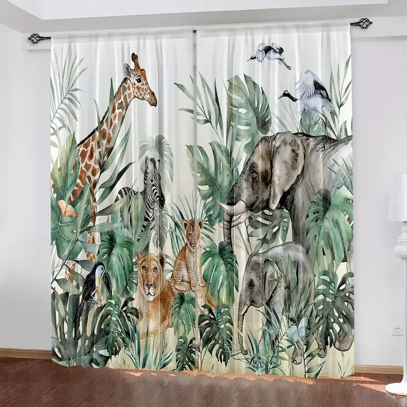 2pcs Cute Giraffe Curtains for Bedroom Living Room Kids Zoo Animal Curtains Cartoon Animal Drapes Decor Elephant Floral Leaf Gre