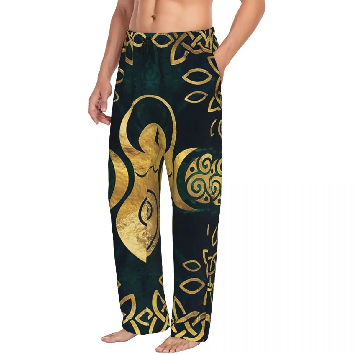 Custom Triple Moon With Triskelion Pentagram Pagan Wiccan Pajama Pants Men Sleepwear Sleep Lounge Bottoms with Pockets