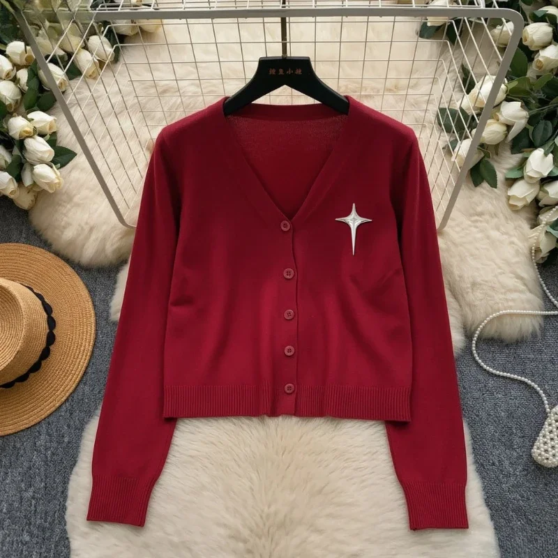 V Neck Women Knit Cardigan Long Sleeve Star Brooch Decor Elastic Cropped Slim Simple Daily Short Outerwear Jacket Top