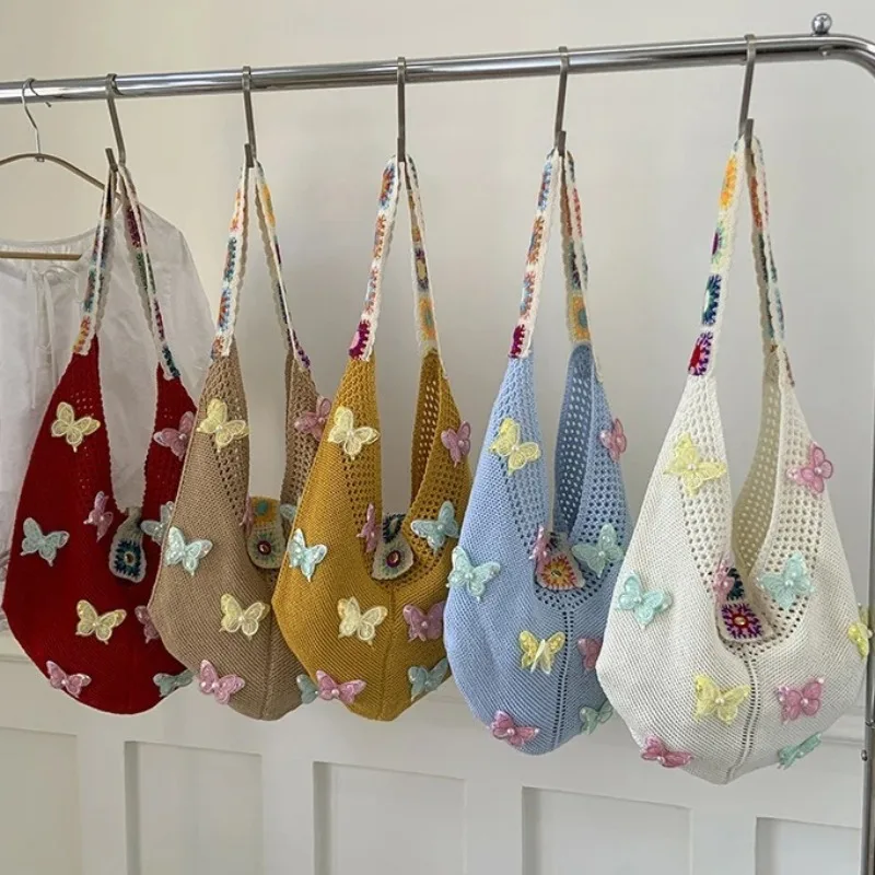 

Butterfly Spliced Shoulder Bag Woven Sac Femme Hollow Out Knit Bags for Woman High Capacity Buckle Bolso Bolsos De Mujer