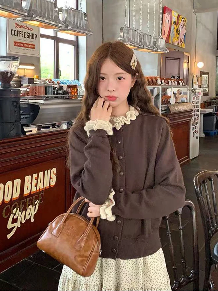 

Ruffled Patchwork Knit Cardigan for Women Winter Long Sleeve Single-Breasted Warm Knitwear Female Korean Soft O Neck Casual Coat