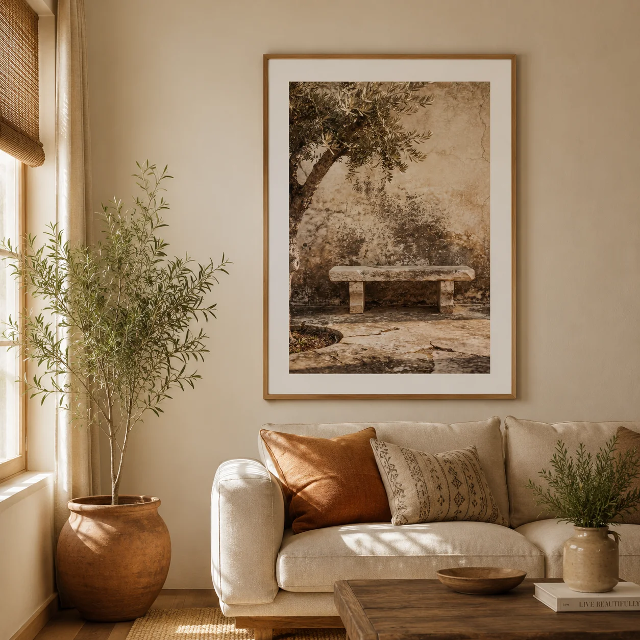 Bench Under Olive Branches Poster,Canvas Wall Print,High‑Grade Home Decoration Artwork for Bedroom,Living Room,Office & Interior
