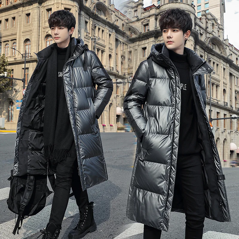 Black Glossy Down Jacket Men Long Youth Over The Knee 2023 Winter New Fashion and Handsome 90% White Duck Men's Warm Coat