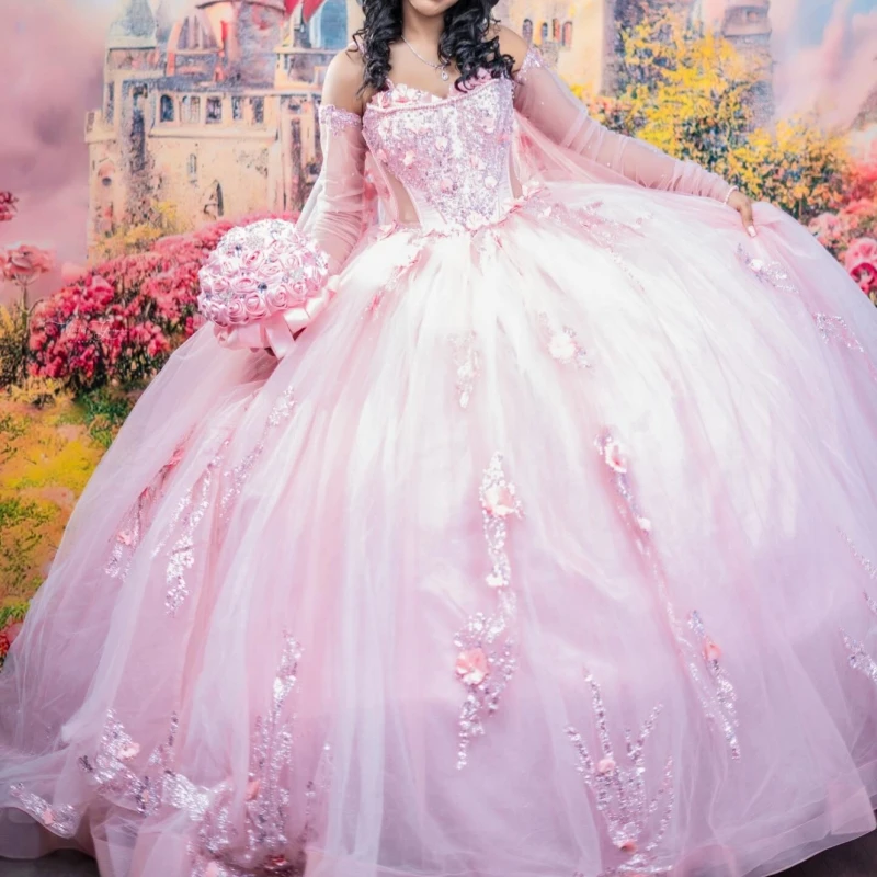 

Розовые платья Quinceanera с открытыми плечами, аппликация, цветок, бисер, кристалл, тюль, вечерние, день рождения, милое платье 16, Vestidos 15 De Anos