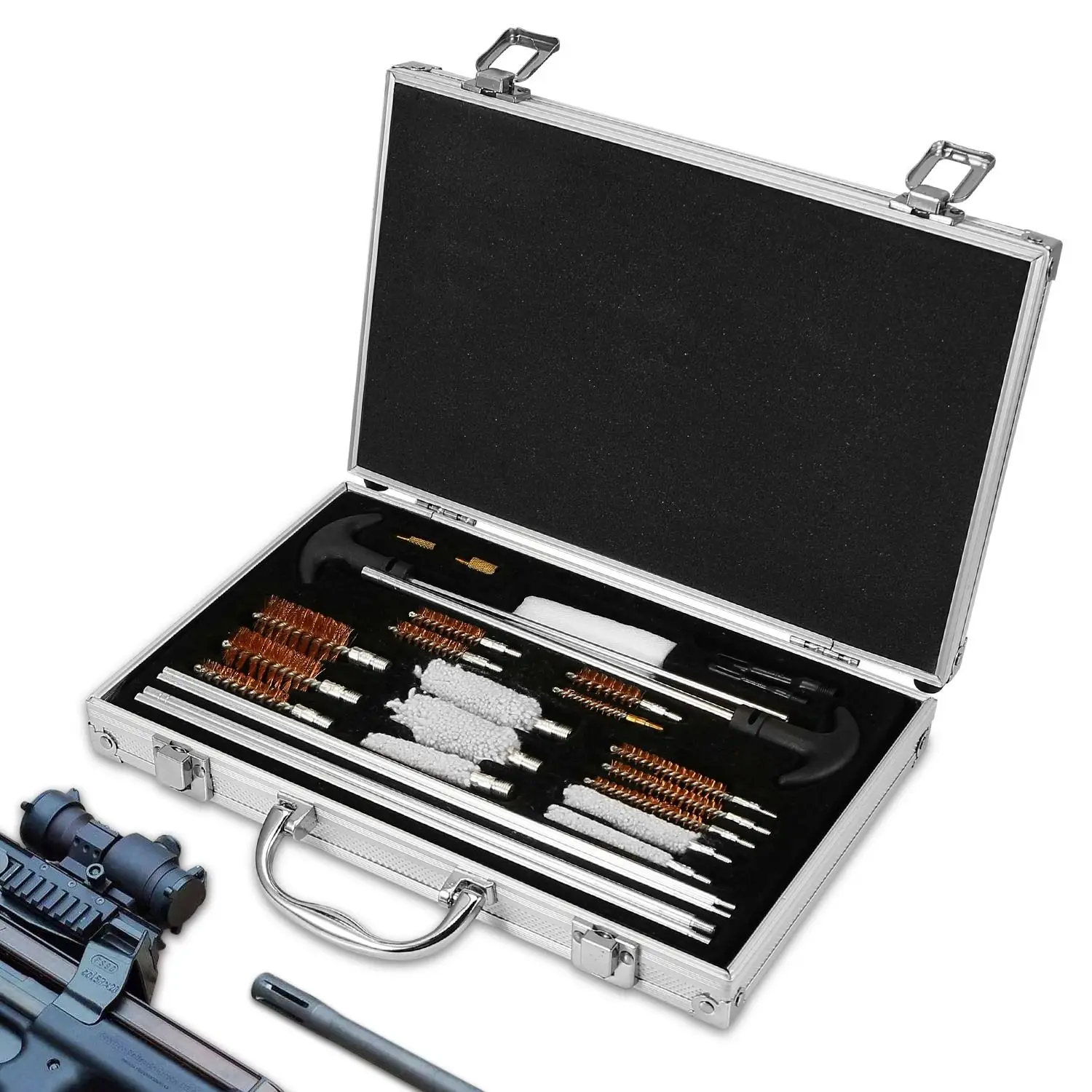 Regular Universal Gun Cleaning Kit — Complete Aluminum Carry Case, 100 Patches, 10 Brass Brushes & 8 Rods, Fits Pistols, Rifle