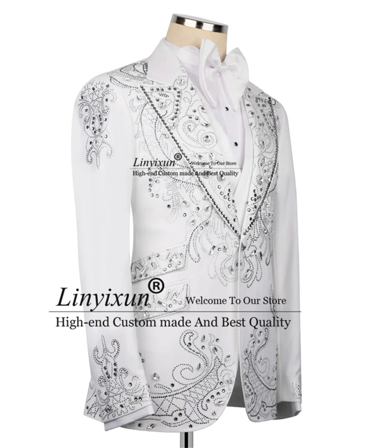 

Luxury Metal Embellished Men Suits 3 Pieces Sets Party Prom Blazer Customized Costume Homme Peaked Lapel Groom Wedding Tuxedos