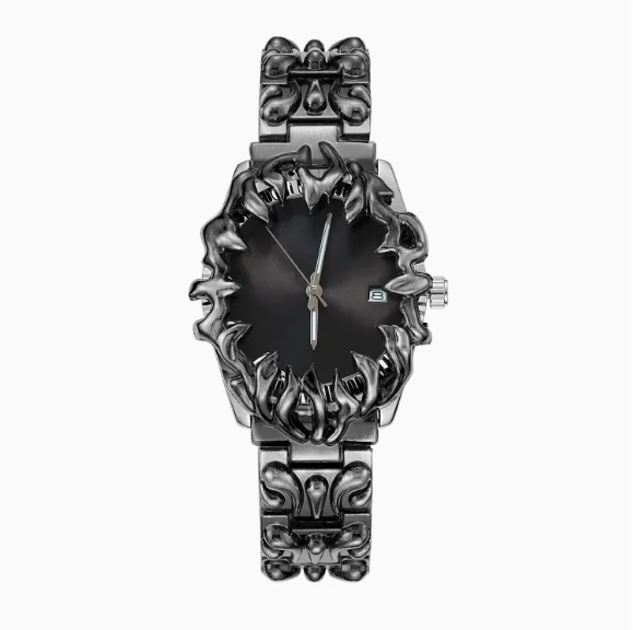 Gothic Flame Bezel Red Gradient Dial Quartz Watch Punk Style Stainless Steel Bracelet Date Wristwatch for Men Women