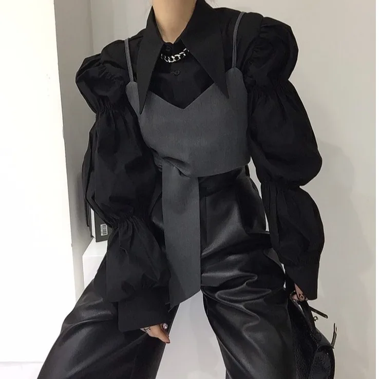Spring Autumn Versatile Casual Lantern Sleeve Shirt Outerwear Strap Vest Women's Fashion Set Loose Fit Long Sleeve Four Seasons