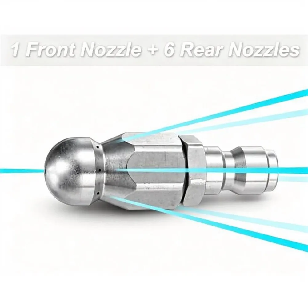 Stainless Steel Rotating Hose Nozzle for Pressure Washers with Front Jet and Six Rear Jets for Effective Flushing