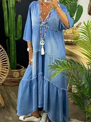 Denim Long Dress Women Summer Loose V Neck Half Sleeve Denim Big Swing Dresses Lady Fashion Casual Stitching Jeans Dress 2025