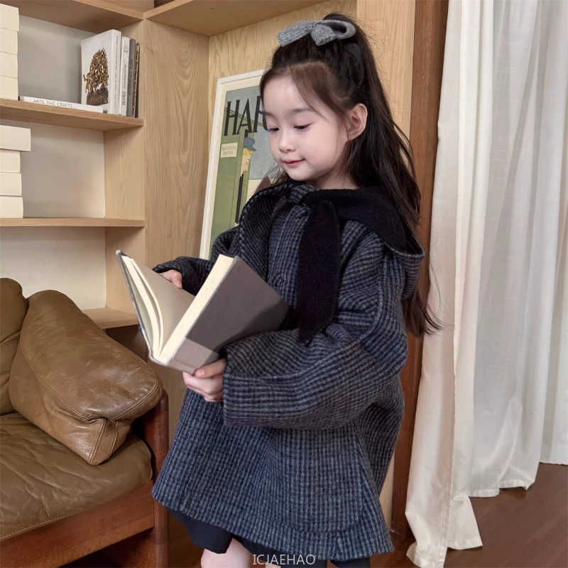 

Teen Girl Clothes Kids Wool Double Faced Girls Black Gray Plaid Handmade Costume WinterHooded Cape Coat Children Reversible