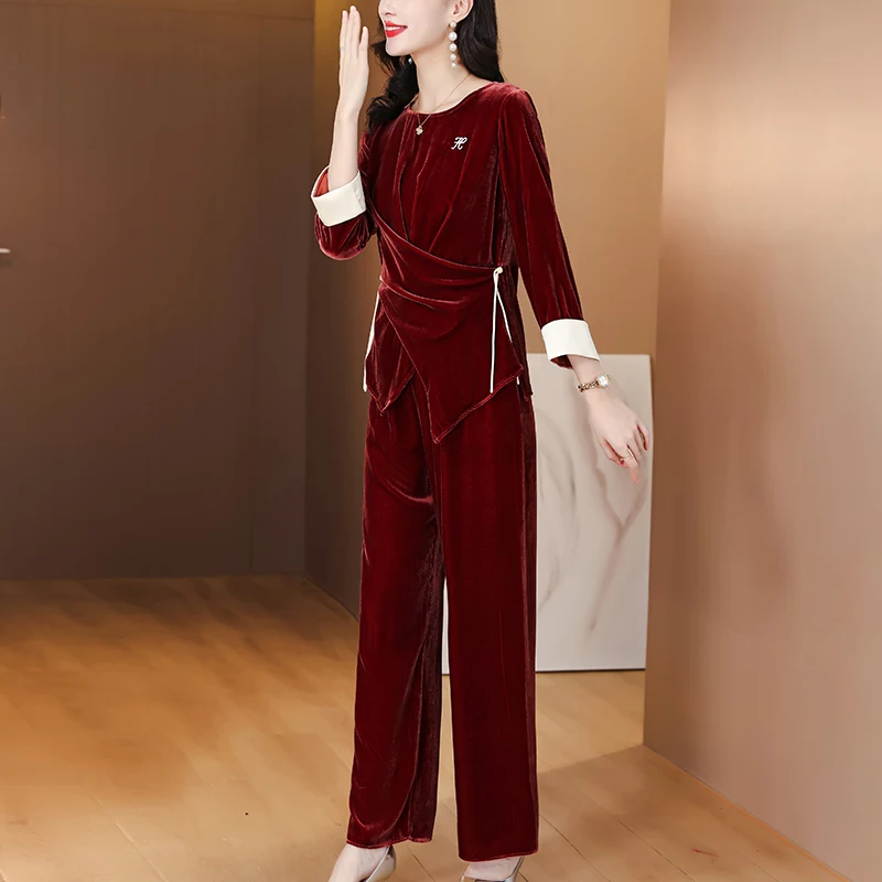 2023 Autumn/Winter New Deep Red Silk Velvet O-Neck Long Sleeve Pants Two Piece Loose Large Slim T-shirt Pants Set