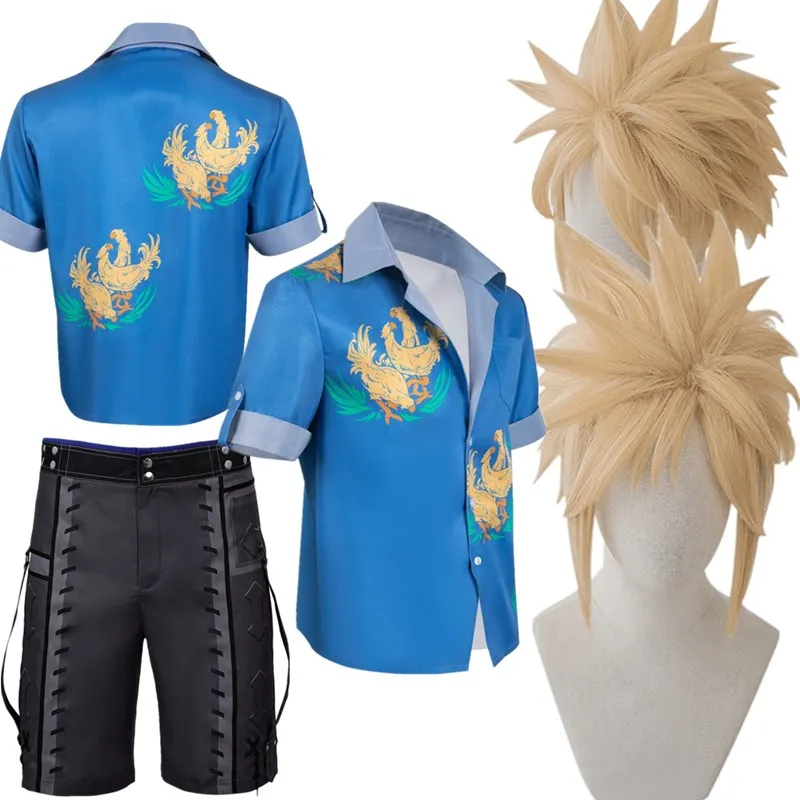 Nuvem Strife Cosplay Fantasia Traje para Homens Adultos, Camisa de Praia Manga Curta, Shorts Peruca, Roupas Halloween, Terno Carnaval