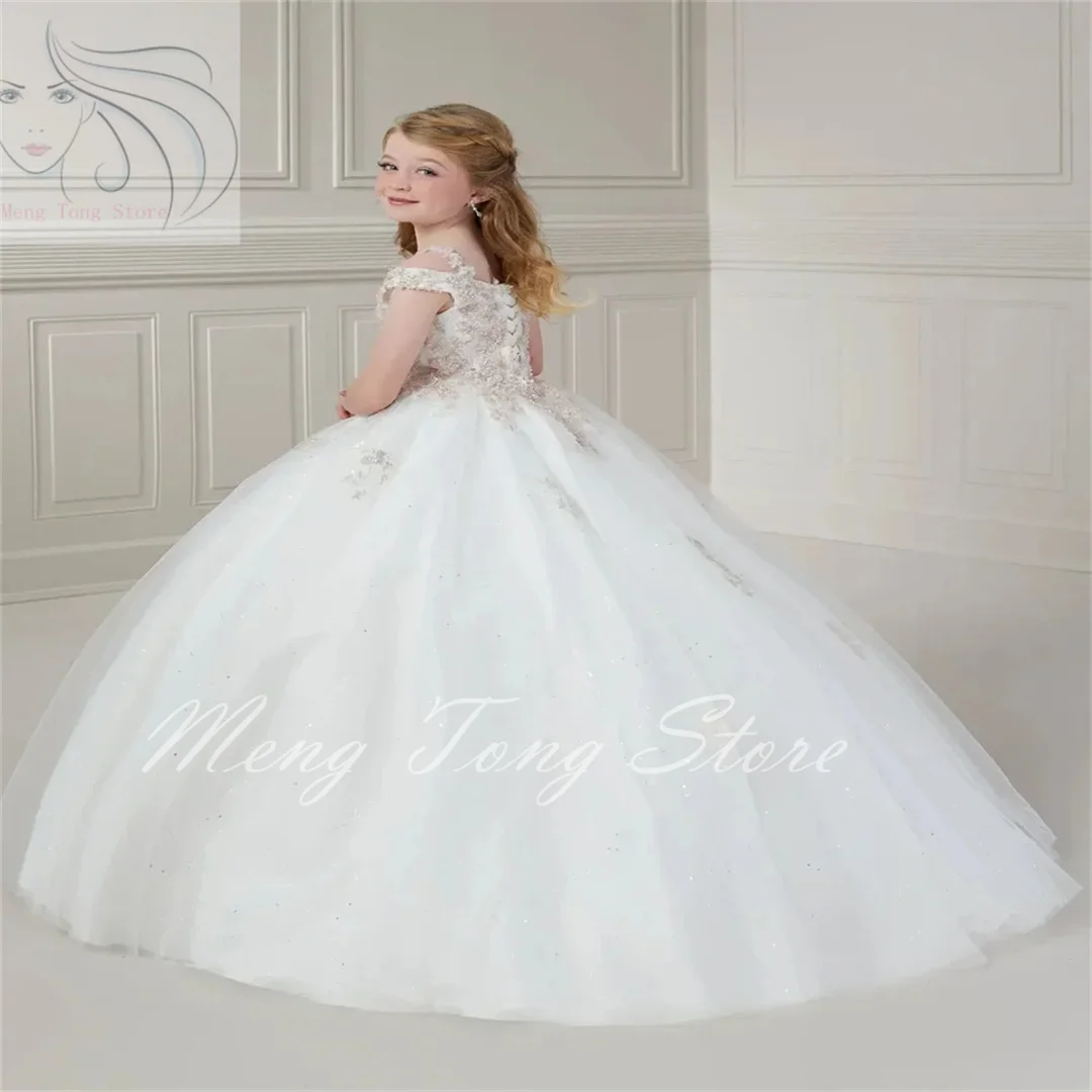 White Applique New Flower Girl Dress For Wedding Sequins Puffy Shining Elegant thin shoulder straps Used for Birthday Party