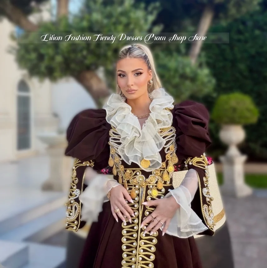 Customized Maroon Algerian Wedding Dress Lace-Collared Printed Bridal Gown Traditional Arab Muslim Wedding Party Dress 2026