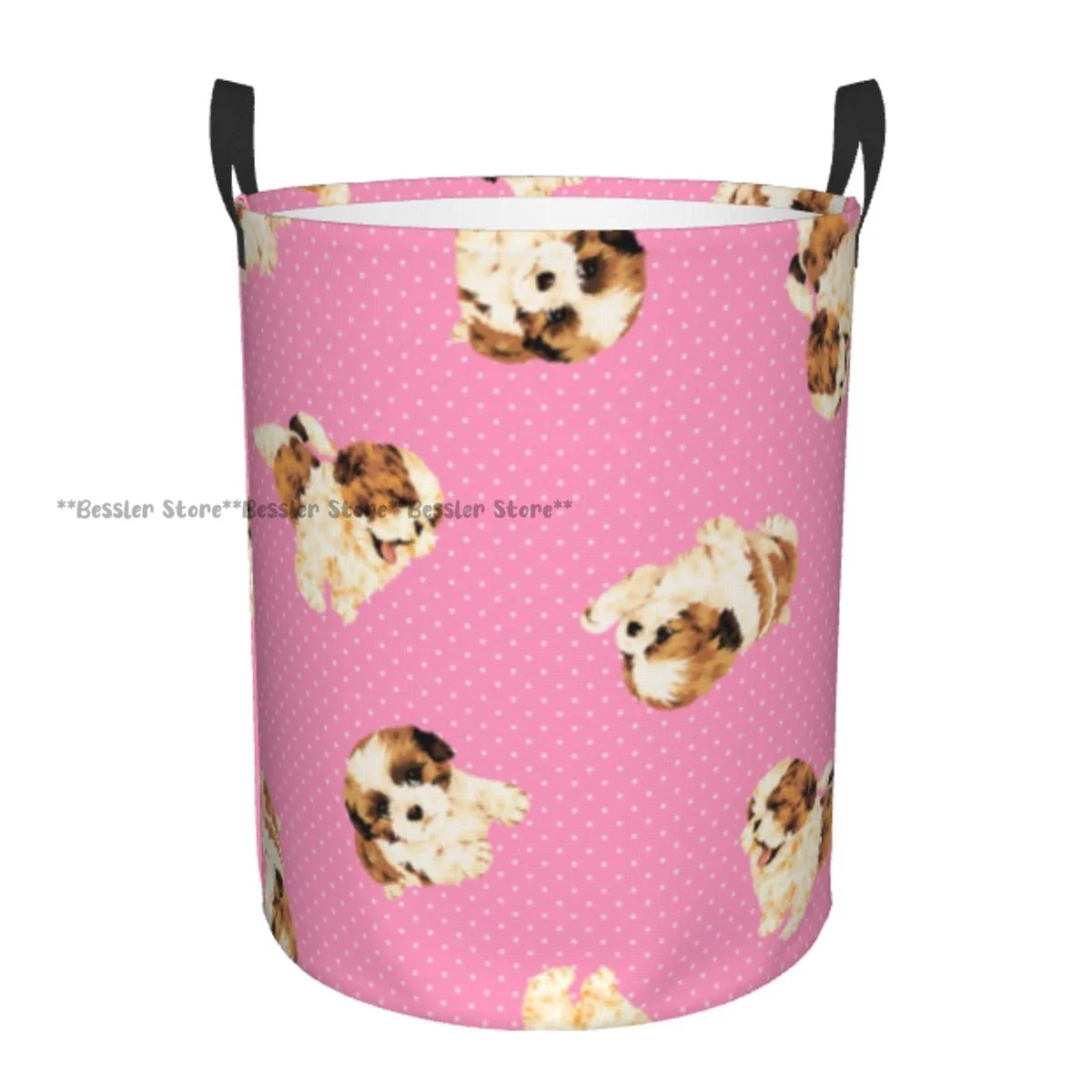 

Laundry Basket Cute Dog Pattern Round Storage Bin Collapsible Hamper Clothes Bucket Organizer