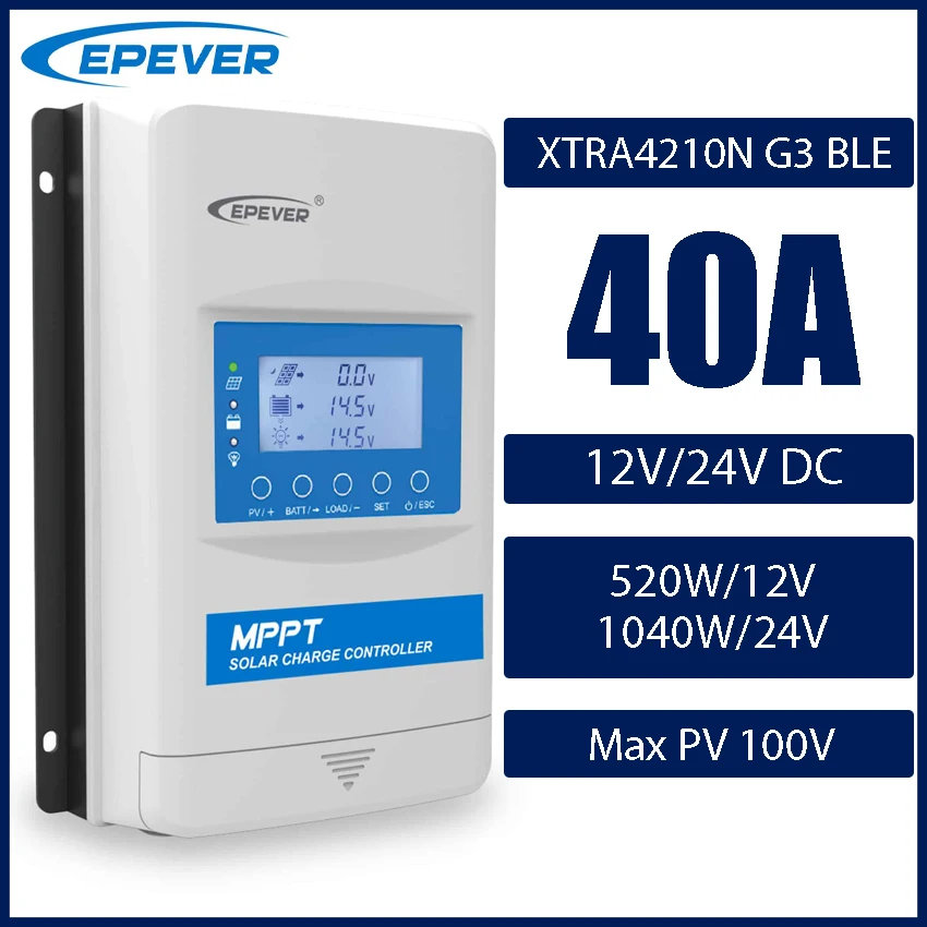EPEVER 40A MPPT zonneladingsregelaar met Bluetooth, XTRA G3 BLE-serie. DC 12/24/36/48V, Max PV-paneel 150V, EU-voorraad