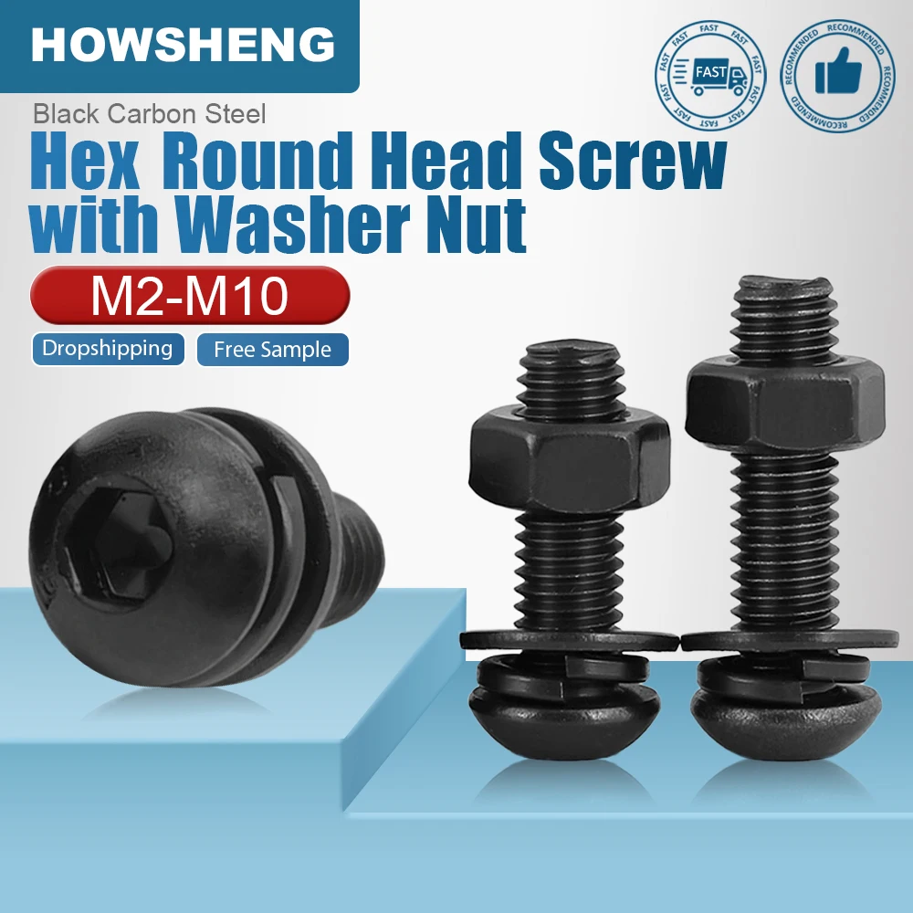 M2 M3 M4 M6 M8 M10 Allen Hex Socket Button Head Screw Set with Washer Nut Black Carbon Steel Hex Round Head Bolt Nuts Kits
