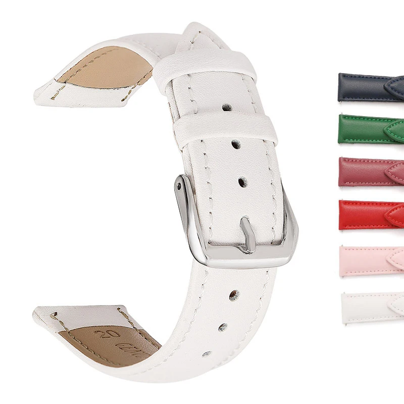 6 Colors Genuine Leather Watch Band 14mm 16mm 18mm 20mm 22mm Leather Bracelet Green Blue Red Purple White Women Leather Straps