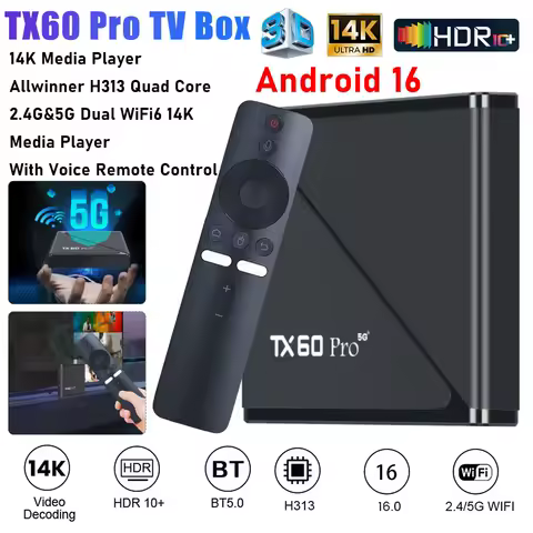 TX60 Pro TV Box Android 16 Allwinner H313 Quad Core 2.4G&amp;5G Dual WiFi6 14K Media Player 16G 256G Set Top Box With Voice Remote