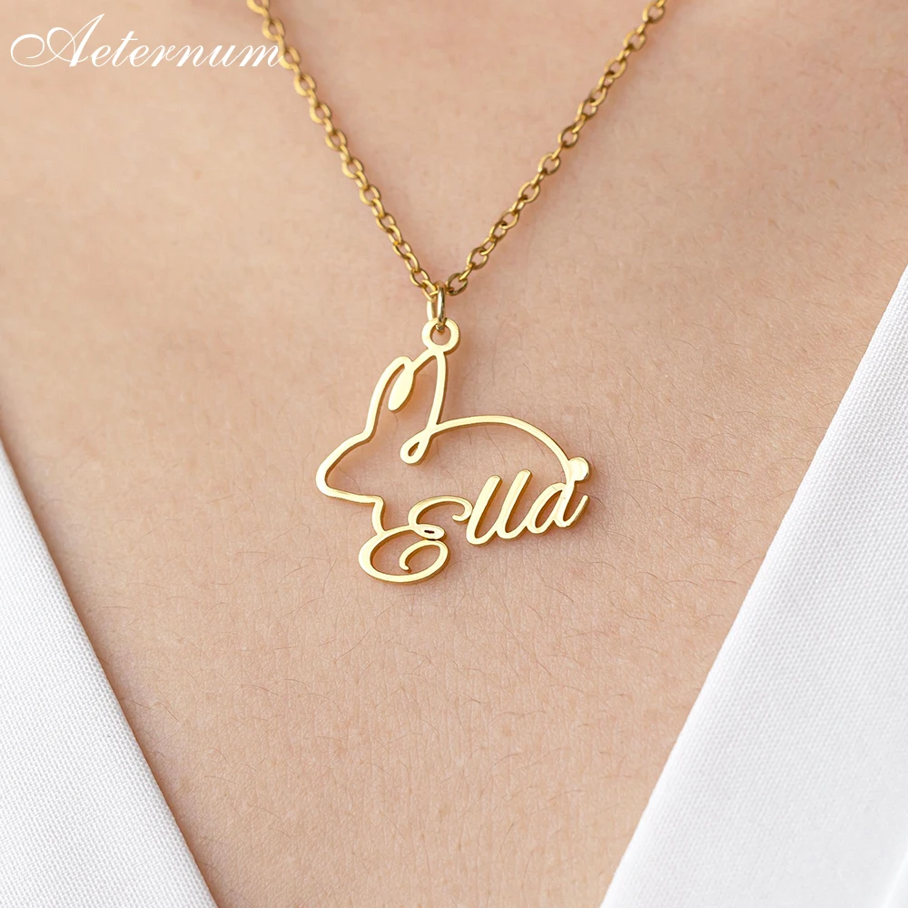 

Персонализированное ожерелье с подвеской в виде кролика из нержавеющей стали, украшение с именем на заказ, идеальный пасхальный подарок для семьи и влюбленных