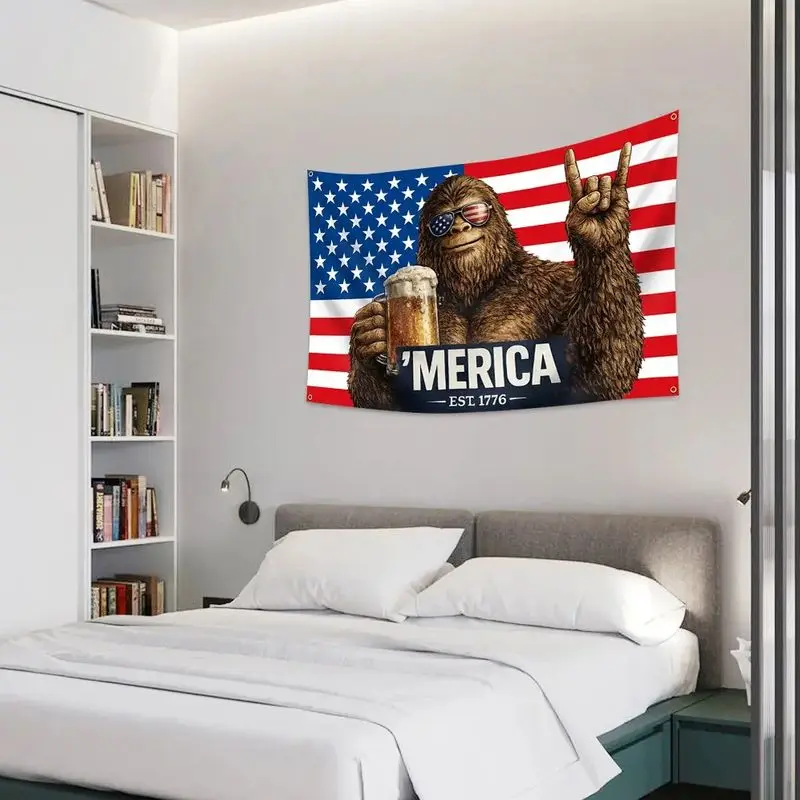 VIKAMA Bigfoot American Flag Beer Wide Tapestry for Wall Hanging Bedroom Living Room Cozy Aesthetic Warm Stylish Home Decor