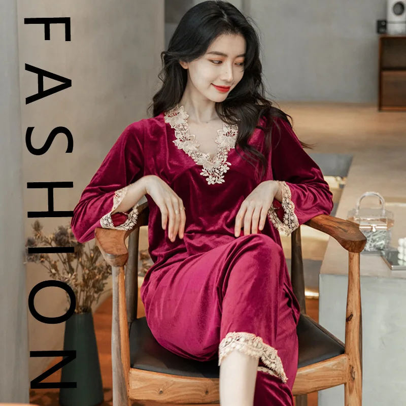 

Пижамы женские осенне-зимние новые золотые бархатные брюки с длинными рукавами комплект весенне-осенний милый кружевной модный свободный комплект для отдыха