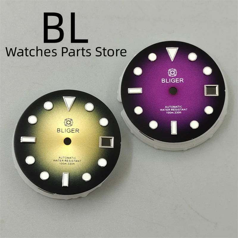 BLIGER 29mm Watch Dial Sunburst BLack Bronze Gradient Black Purple Dial With Green Luminous Fit NH35 Movement For 3/3.8 Crown