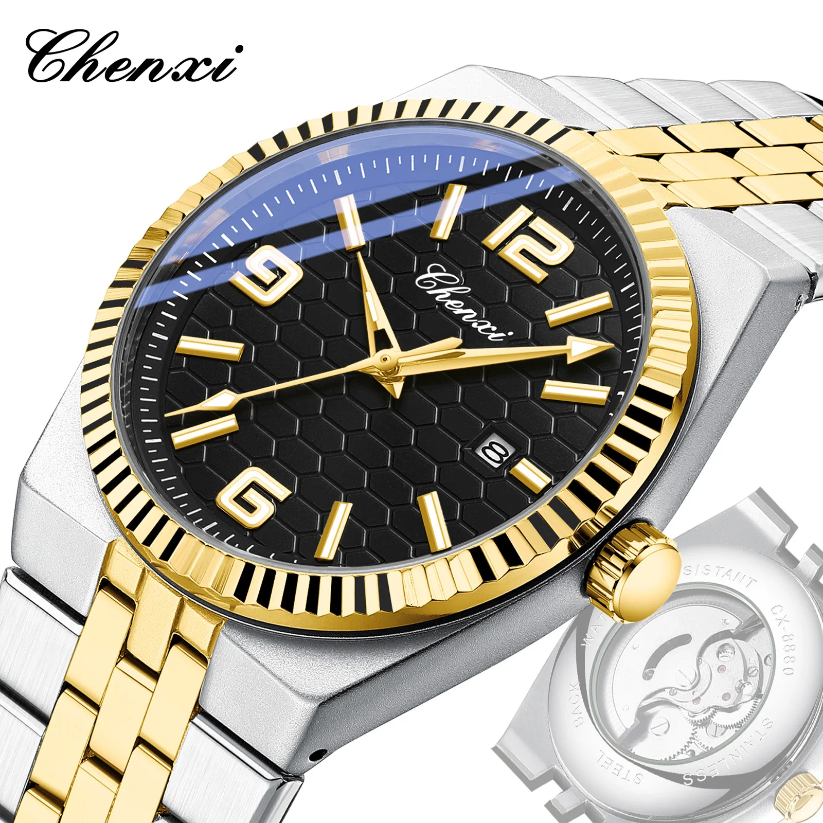 

CHENXI Automatic Watch for Men Luxury Business Honeycomb Dial Waterproof Mens Wristwatch Gold Silver Stainless Steel Band